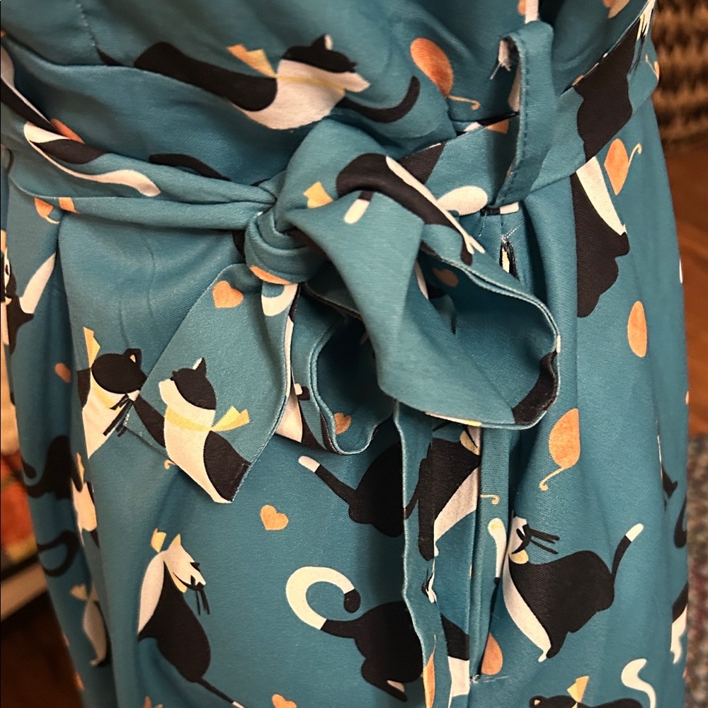 SM Wardrobe Teal Cat Print Dress with Peach Accents - Picture 6 of 6